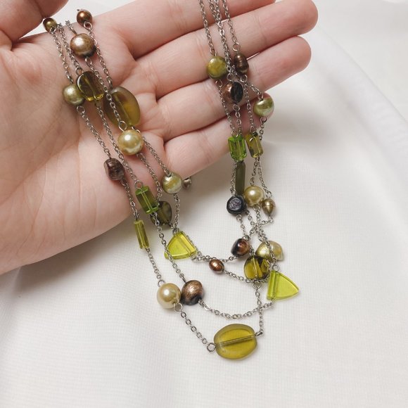 Olive Green Brown Natural Pearl Glass Beaded Silver Chain Layered Necklace - Picture 9 of 11